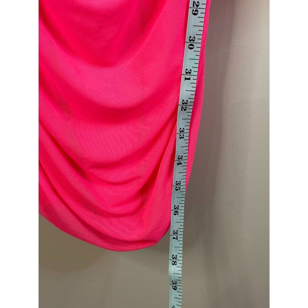 MEROKEETY Hot Pink Long Sleeve Square Neck Mesh Bodycon Midi Dress Size M 8-10 - Picture 5 of 15